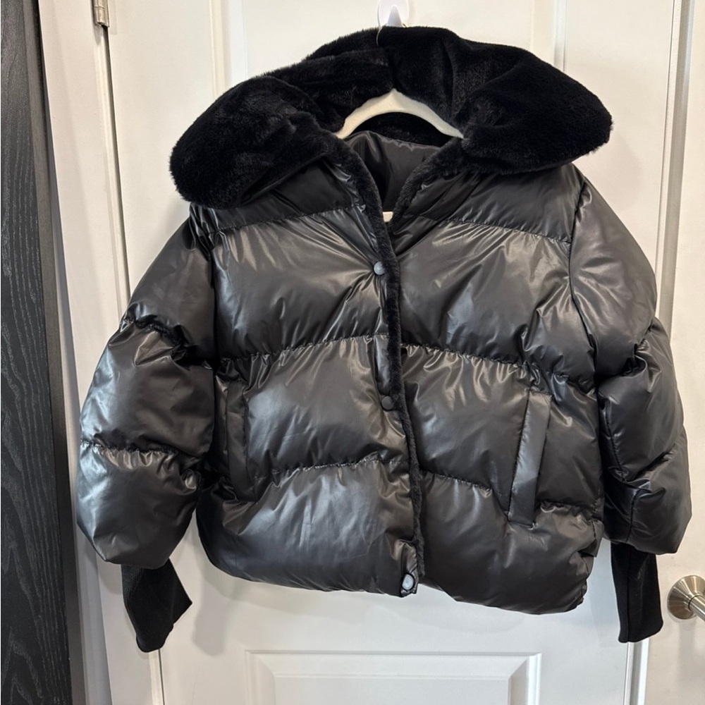 Black Puffer Jacket with Faux Fur Collar